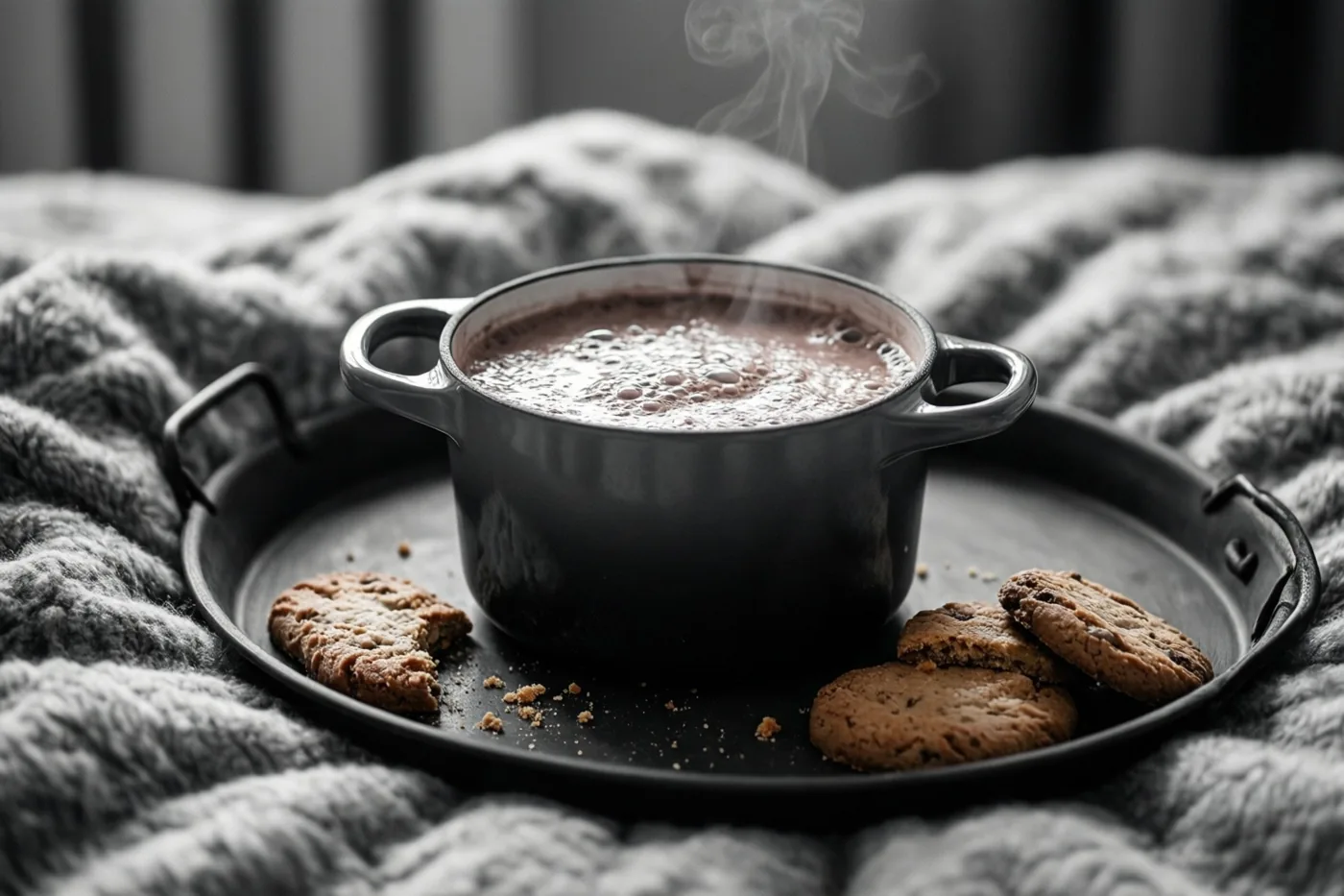 Een zwarte pot dampende warme chocolademelk staat met speculooskoekjes op een zwart dienblad op een grijs dekbed met reliëf.