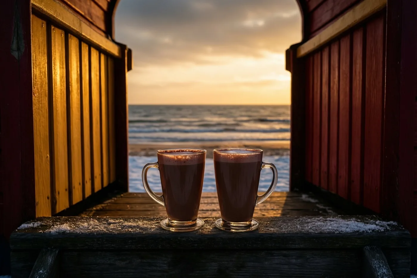 Twee glazen warme chocolademelk staan op een houten trede van een strandhut, met door een boogvormige deuropening zicht op sneeuw en een zonsondergang boven zee.