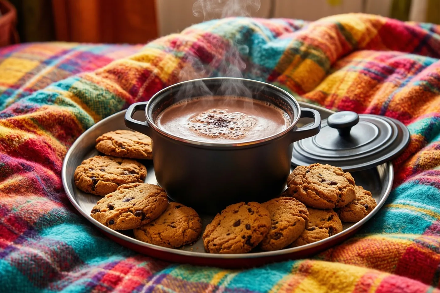 Een zwarte pot dampende warme chocolademelk staat op een zilverkleurig dienblad tussen koekjes met chocoladestukjes op een kleurrijk geruit dekbed.
