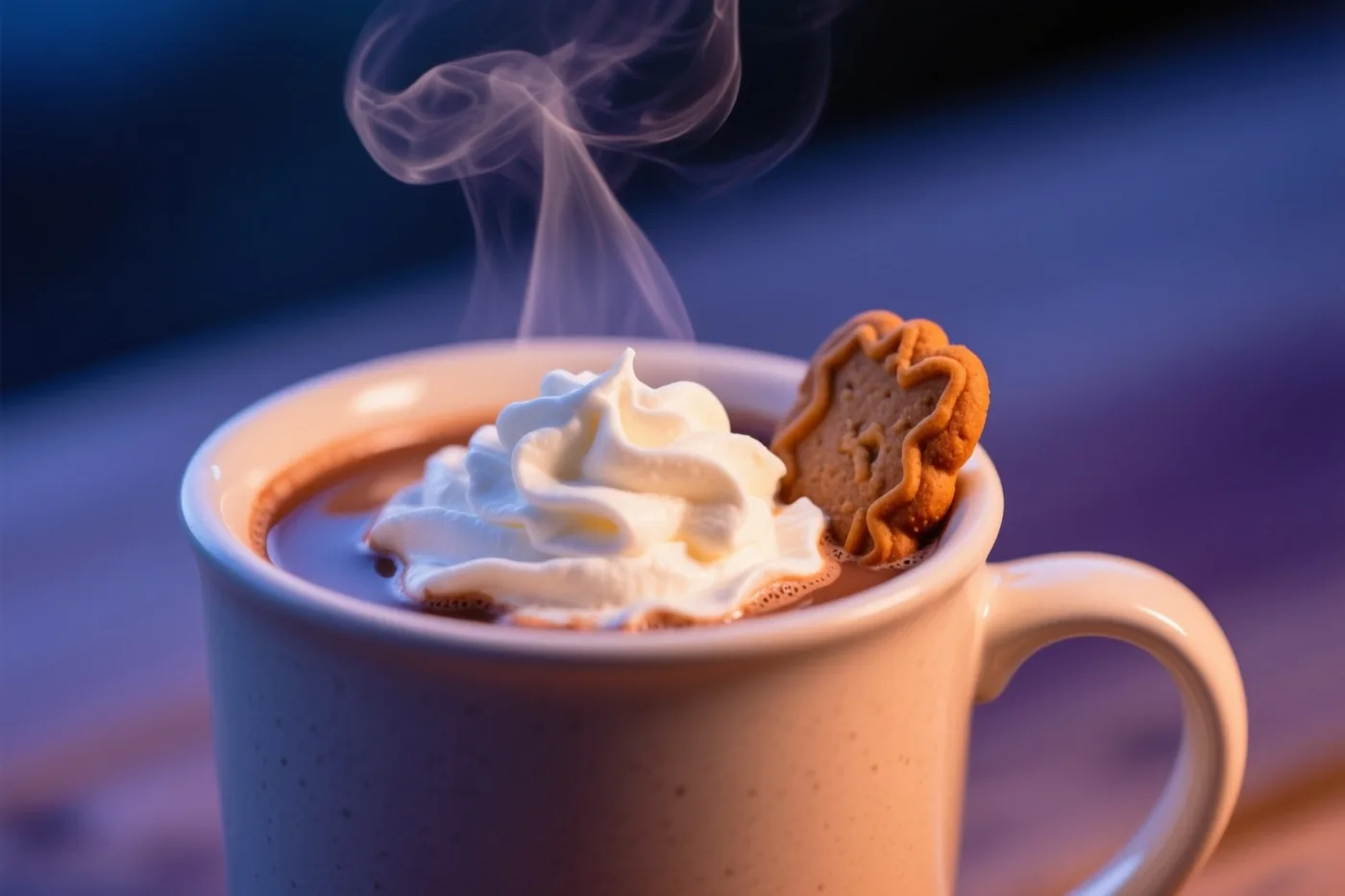 Een dampende mok warme chocolademelk met slagroom en een speculaasje staat voor een onscherpe blauw-paarse achtergrond.