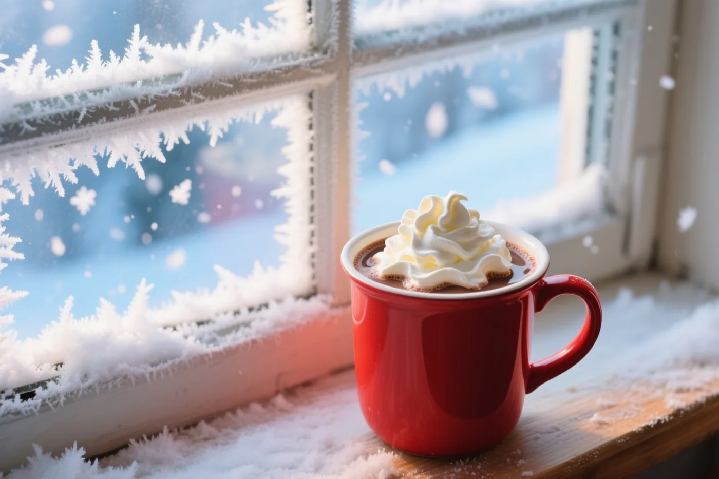 Een rode mok warme chocolademelk met slagroom staat op een besneeuwde vensterbank voor een raam met fijne ijskristallen, met vallende sneeuw tegen een blauwe lucht buiten.