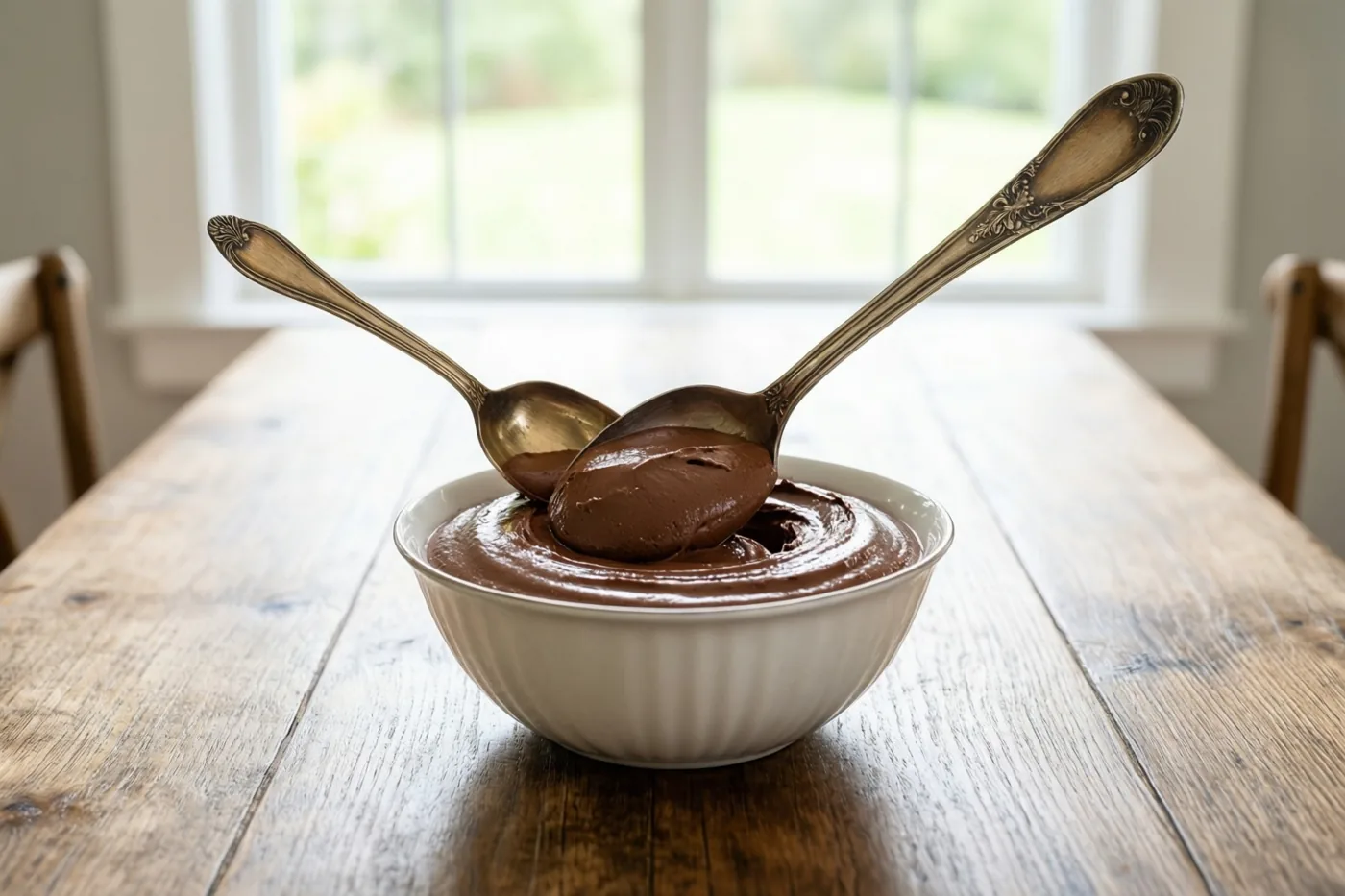 In een witte kom met chocolademousse steken een grote en een kleine sierlijke lepel, op een rustieke houten tafel in een lichte kamer met een raam op de achtergrond.