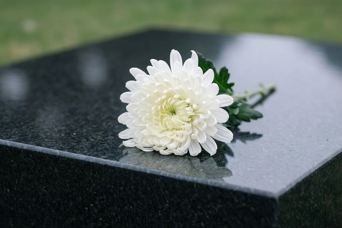 Een witte chrysant ligt op een gepolijste zwart granieten grafsteen, met een wazig groen gazon op de achtergrond.