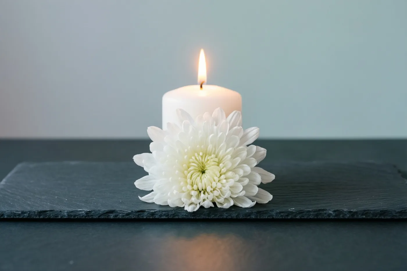 Een witte chrysant en een brandende witte kaars staan op donkere leisteen tegen een effen lichtgrijze achtergrond.