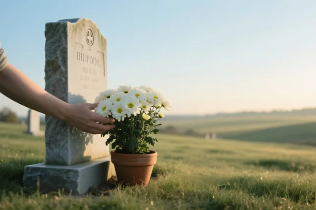 Een hand zet een pot chrysanten naast een grafsteen op een grasrijke begraafplaats in goudkleurig zonlicht, met een helderblauwe lucht en glooiende groene heuvels op de achtergrond.