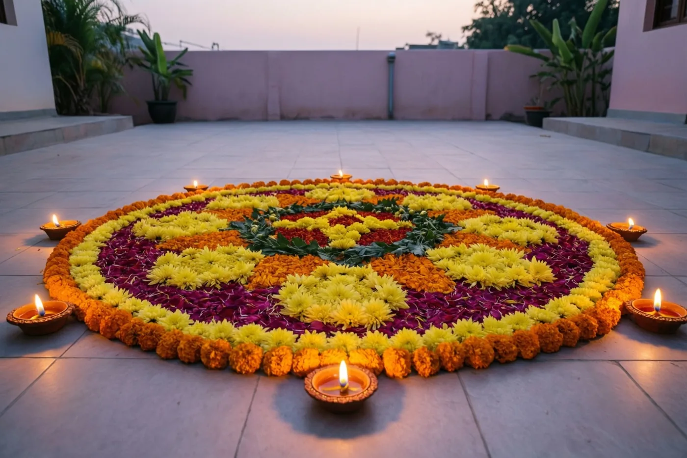 Een grote ronde rangoli van gele chrysanten en oranje afrikaantjes ligt op een betegelde binnenplaats onder een schemerhemel, met brandende olielampjes eromheen.