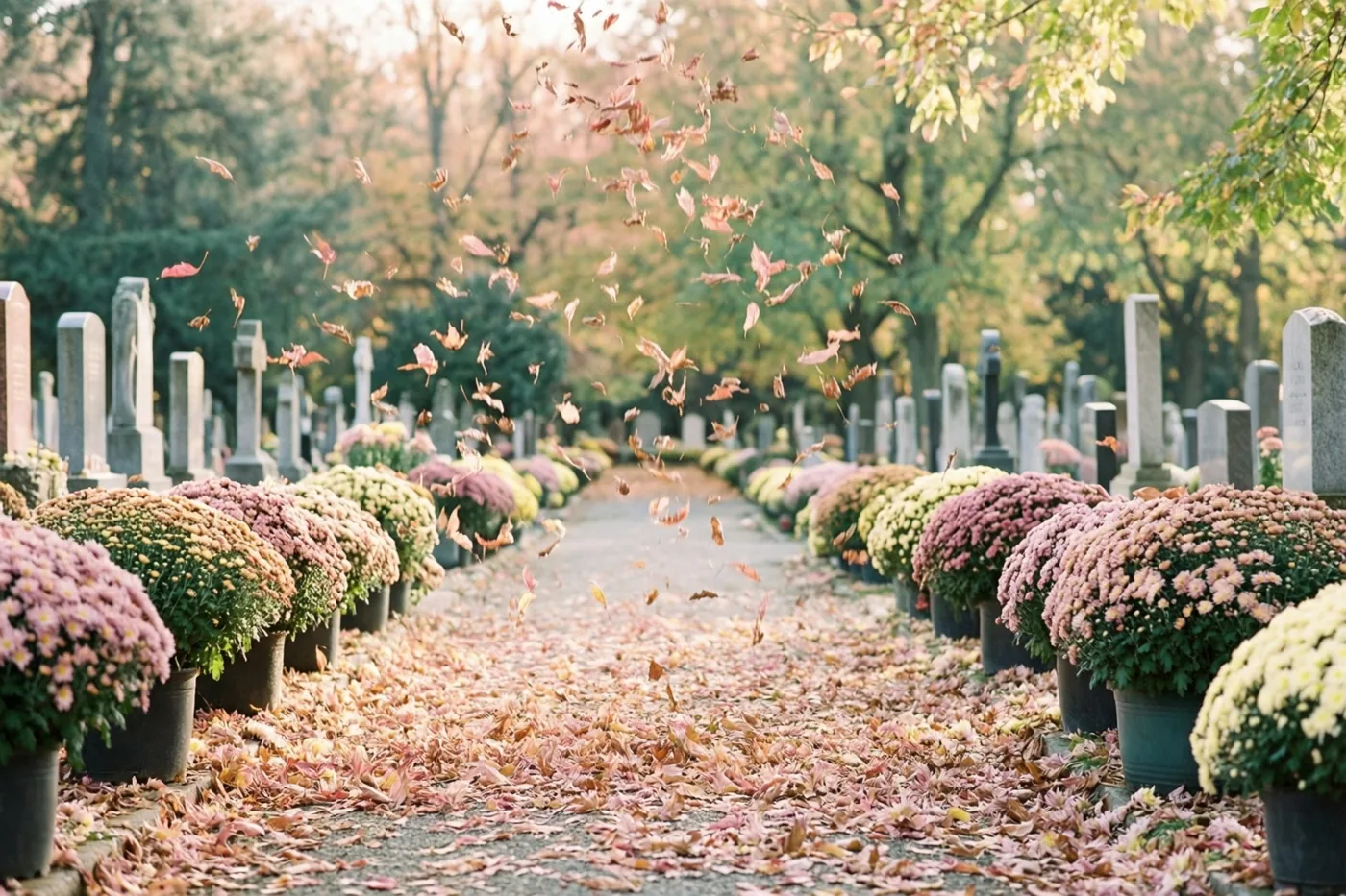 Een pad op een begraafplaats is omzoomd met potten chrysanten in herfstkleuren, met dwarrelende bladeren in zacht, warm licht.