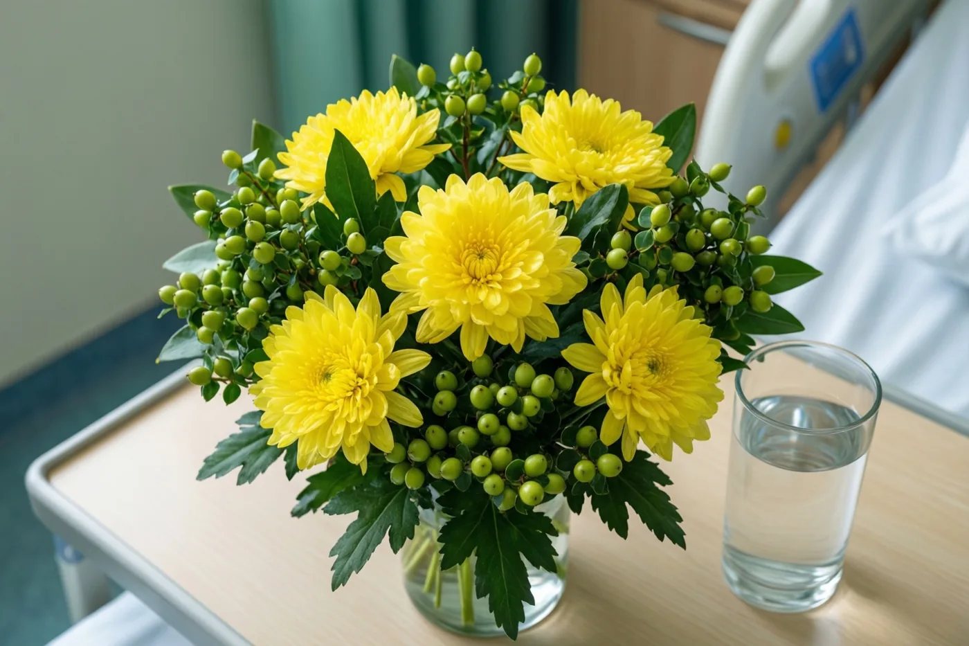 Gele chrysanten en groene bessen staan in een heldere glazen vaas naast een glas water op een ziekenhuisnachtkastje, met een bed en een gordijn op de achtergrond.