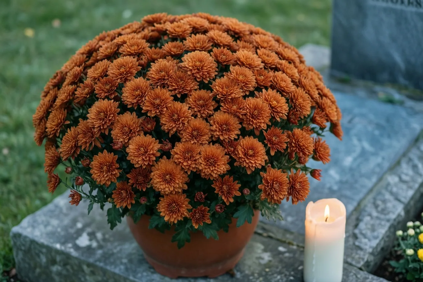 Een grote pot roestoranje chrysanten staat naast een brandende witte kaars op een stenen graf in een grasrijke omgeving.