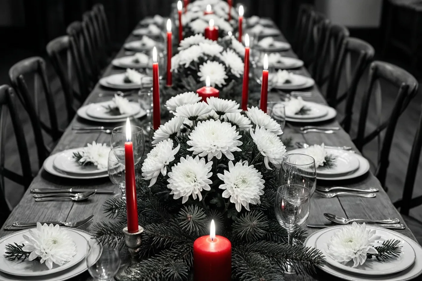 Een lange kersttafel is versierd met witte chrysanten, dennentakken en brandende rode kaarsen, waarbij de kaarsen opvallen in een verder zwart-wit beeld.