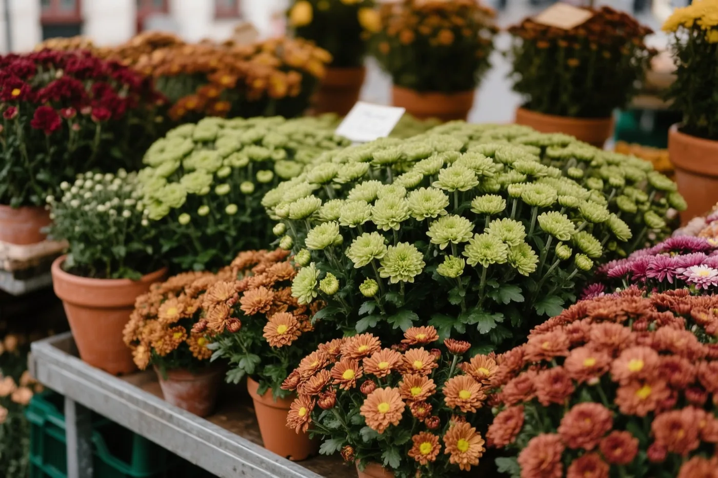 Een bloemenkraam op een marktplein toont potchrysanten in herfstkleuren, terracotta potten en groen blad bij daglicht.