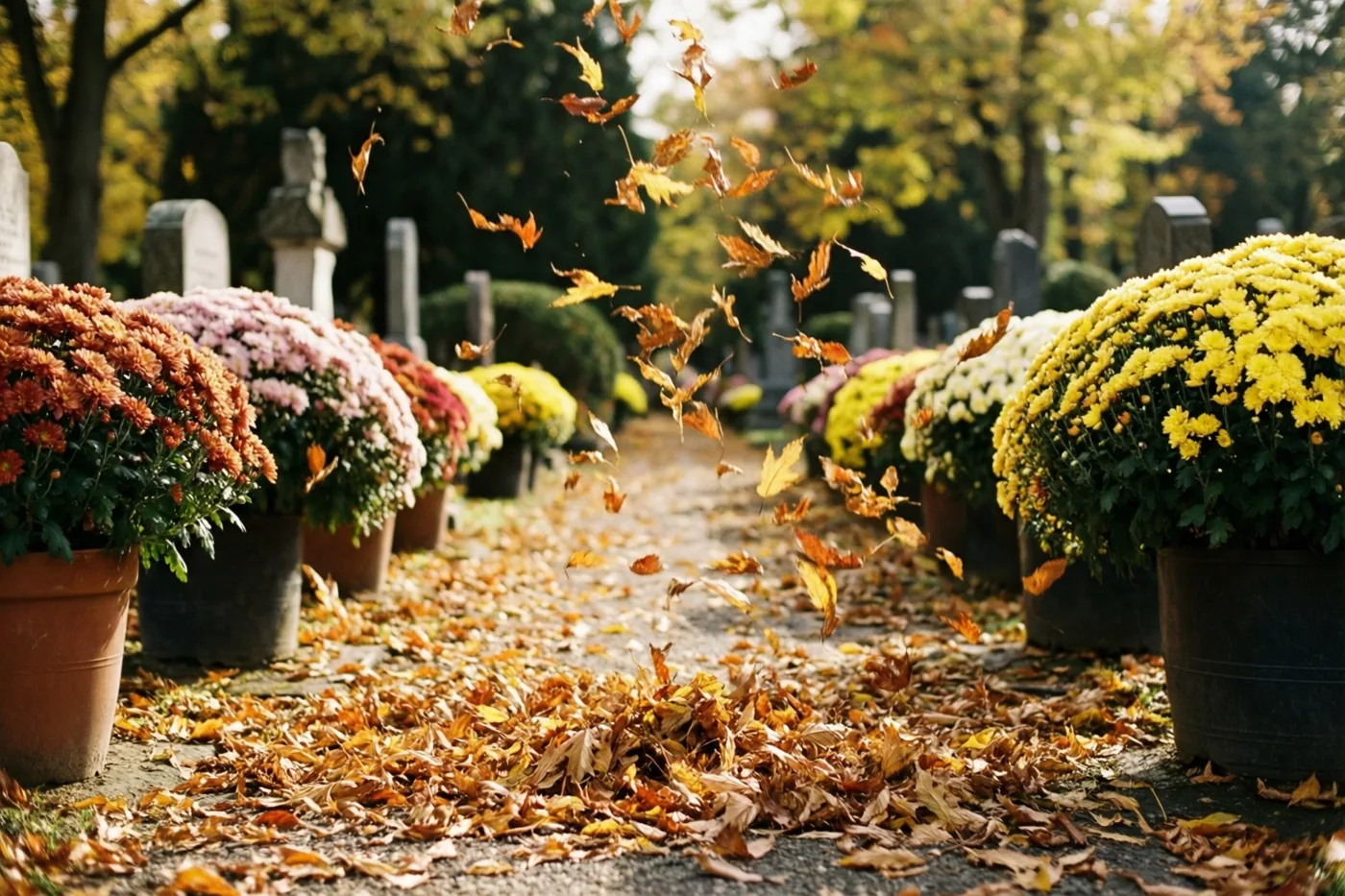 Potten chrysanten in herfsttinten staan langs een pad op een begraafplaats, met dwarrelende bladeren in warm, goudkleurig zonlicht.