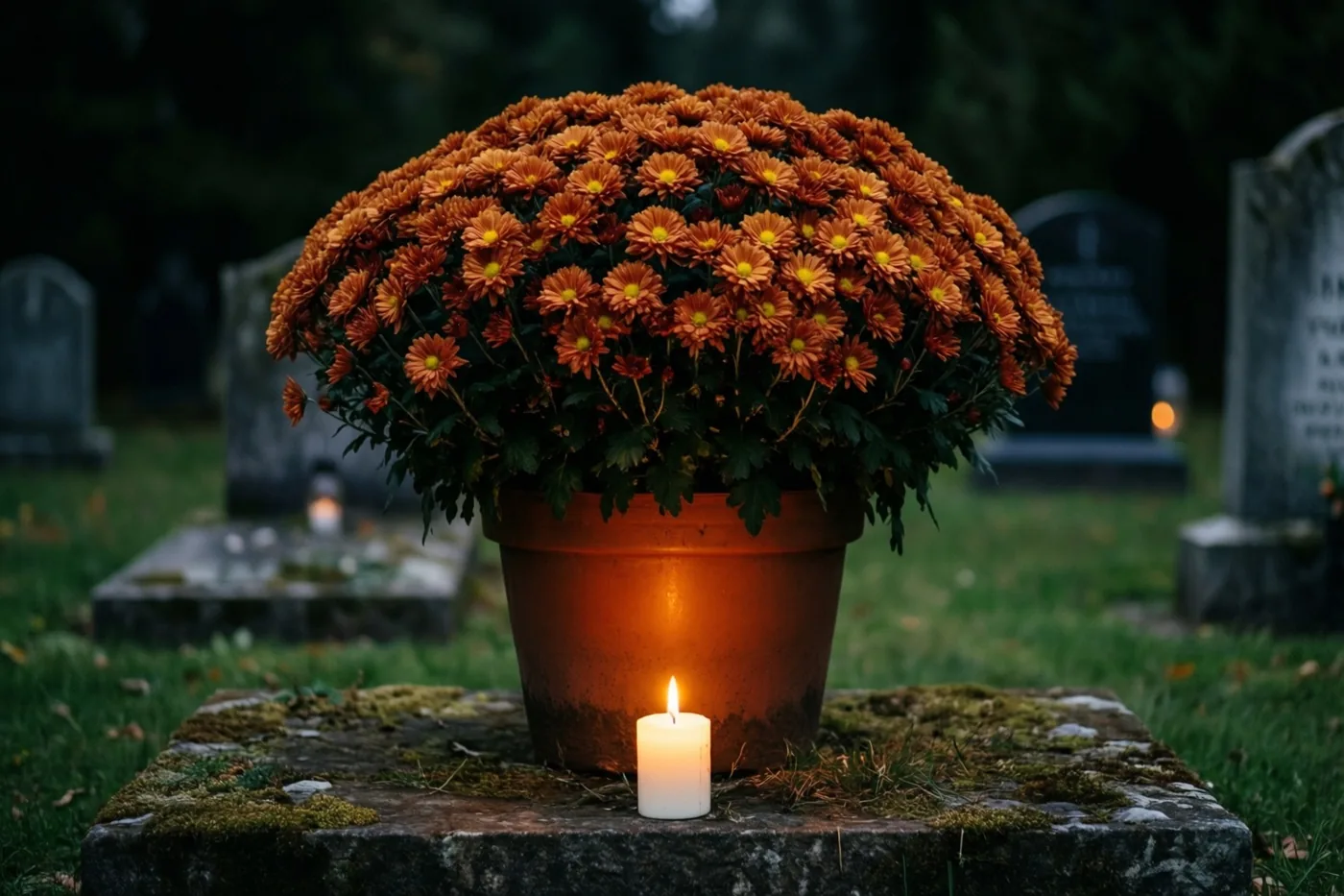 Een grote pot roestoranje chrysanten en een brandende witte kaars staan op een bemost stenen graf, met onscherpe grafstenen op de donkere achtergrond.
