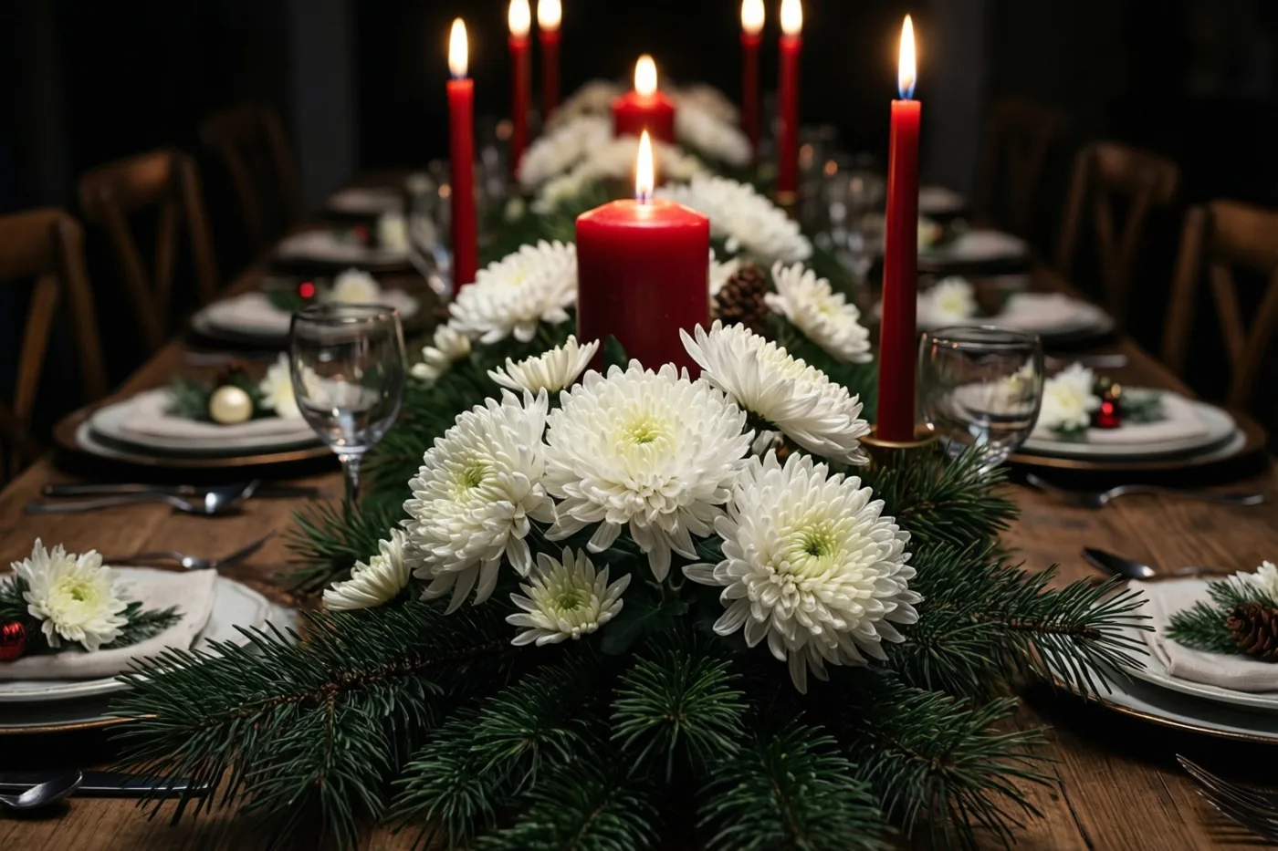 Op een lange houten kersttafel liggen witte chrysanten en groene dennentakken tussen brandende rode kaarsen.