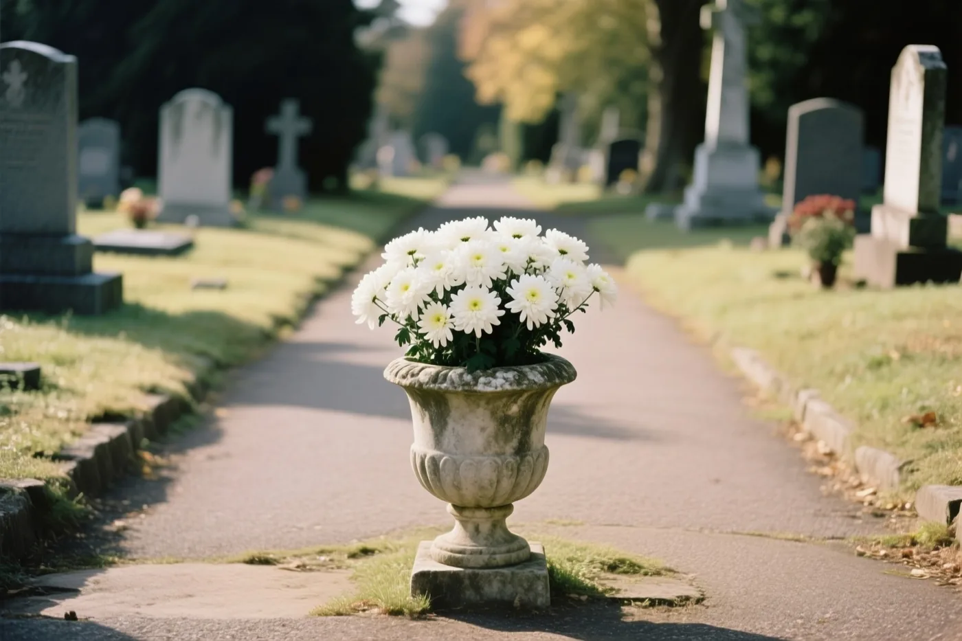 Een stenen urn met witte chrysanten staat op een zonnig kerkhofpad tussen grafstenen en groen gras.