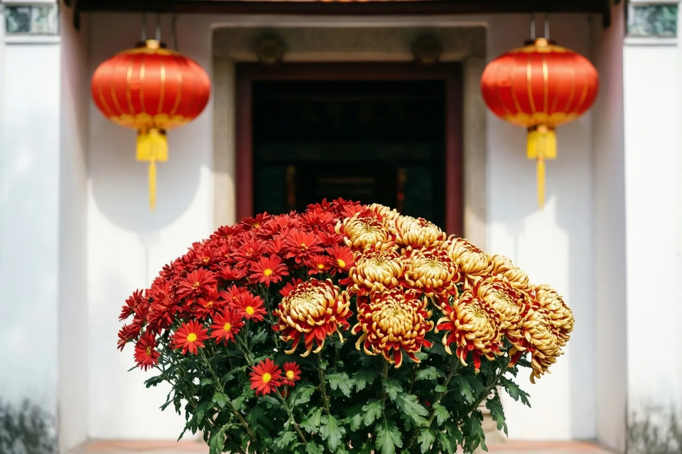 Een bloemstuk met rode en goudkleurige chrysanten staat voor een traditionele deuropening met aan weerszijden een rode lantaarn.