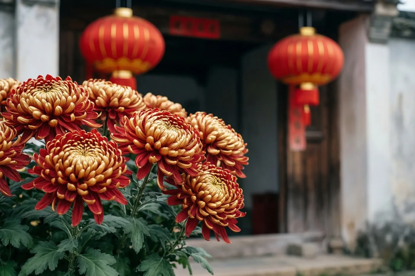 Rode en goudkleurige chrysanten staan op de voorgrond, met twee rode lantaarns bij een traditionele houten deuropening op de achtergrond.