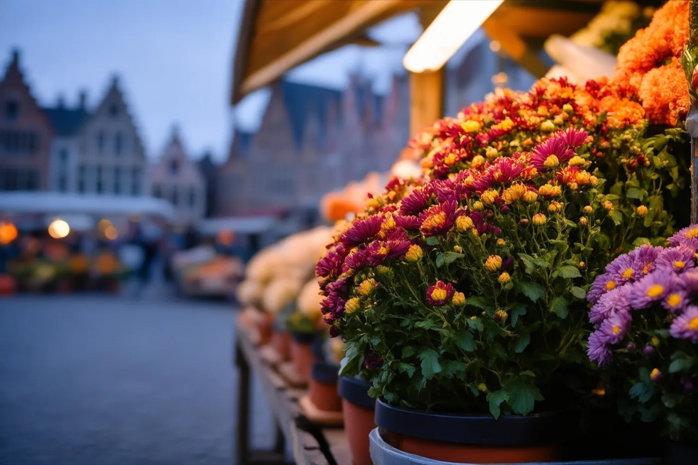 Een bloemenkraam vol kleurrijke potchrysanten staat bij schemering op een Vlaams marktplein met historische gebouwen.