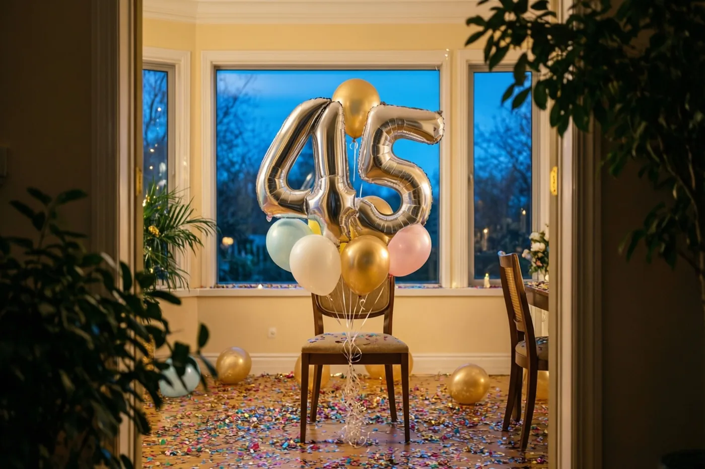 Een zilveren en pastelkleurige cijferballon 45 hangt aan een stoel in een warm verlichte kamer met confetti op de houten vloer, kamerplanten en een raam met blauwe schemerlucht.