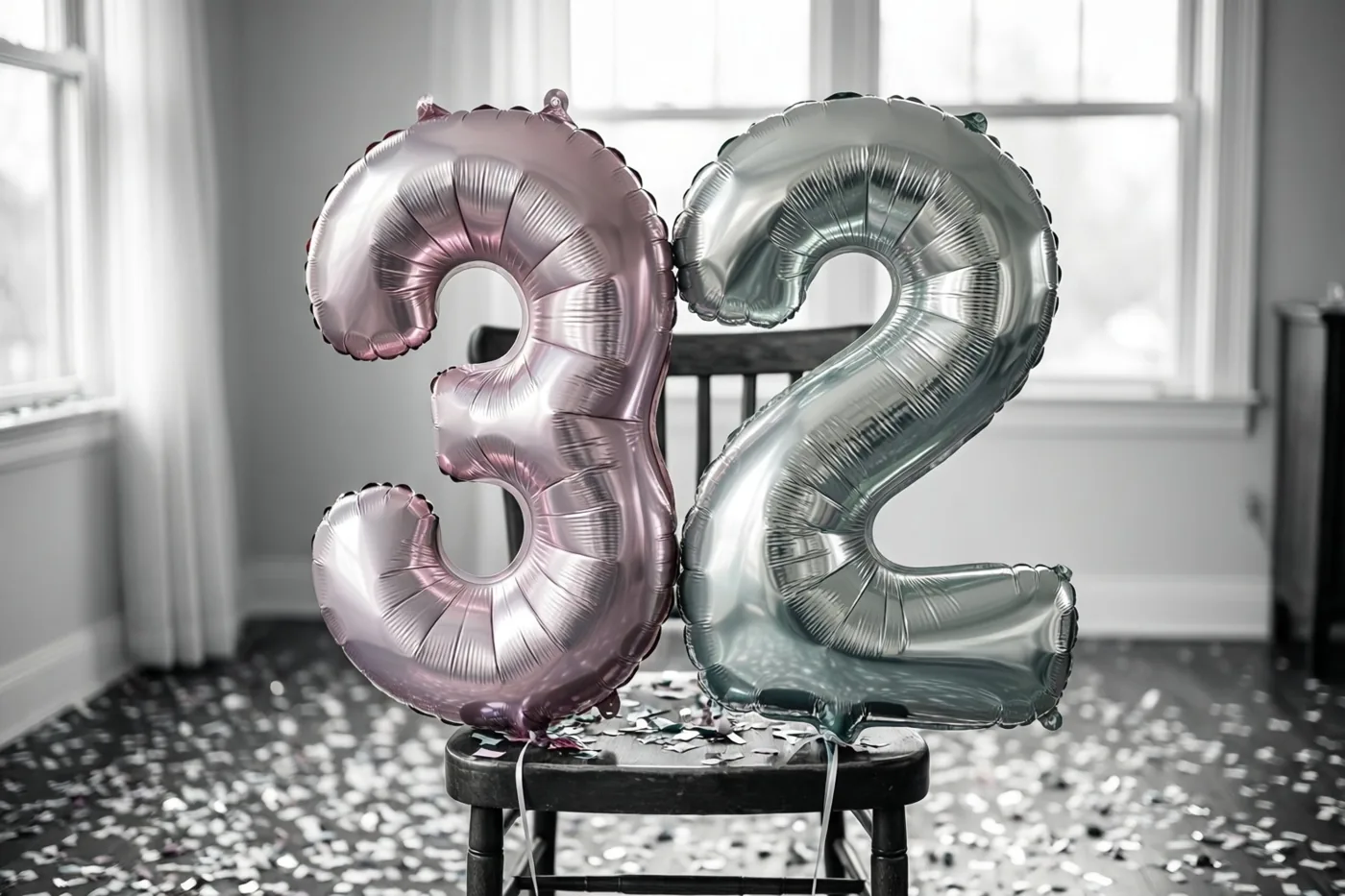 Zilveren en pastelroze folieballonnen in de vorm van 3 en 2 hangen aan een donkere houten stoel in een lichte kamer met confetti op de vloer.