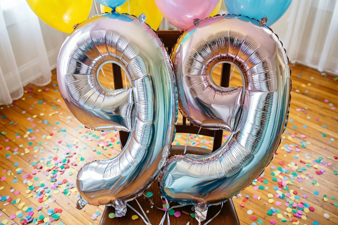 Grote cijferballonnen in zilver en pasteltinten vormen 99 aan een houten stoel in een lichte kamer met kleurrijke confetti op de houten vloer.