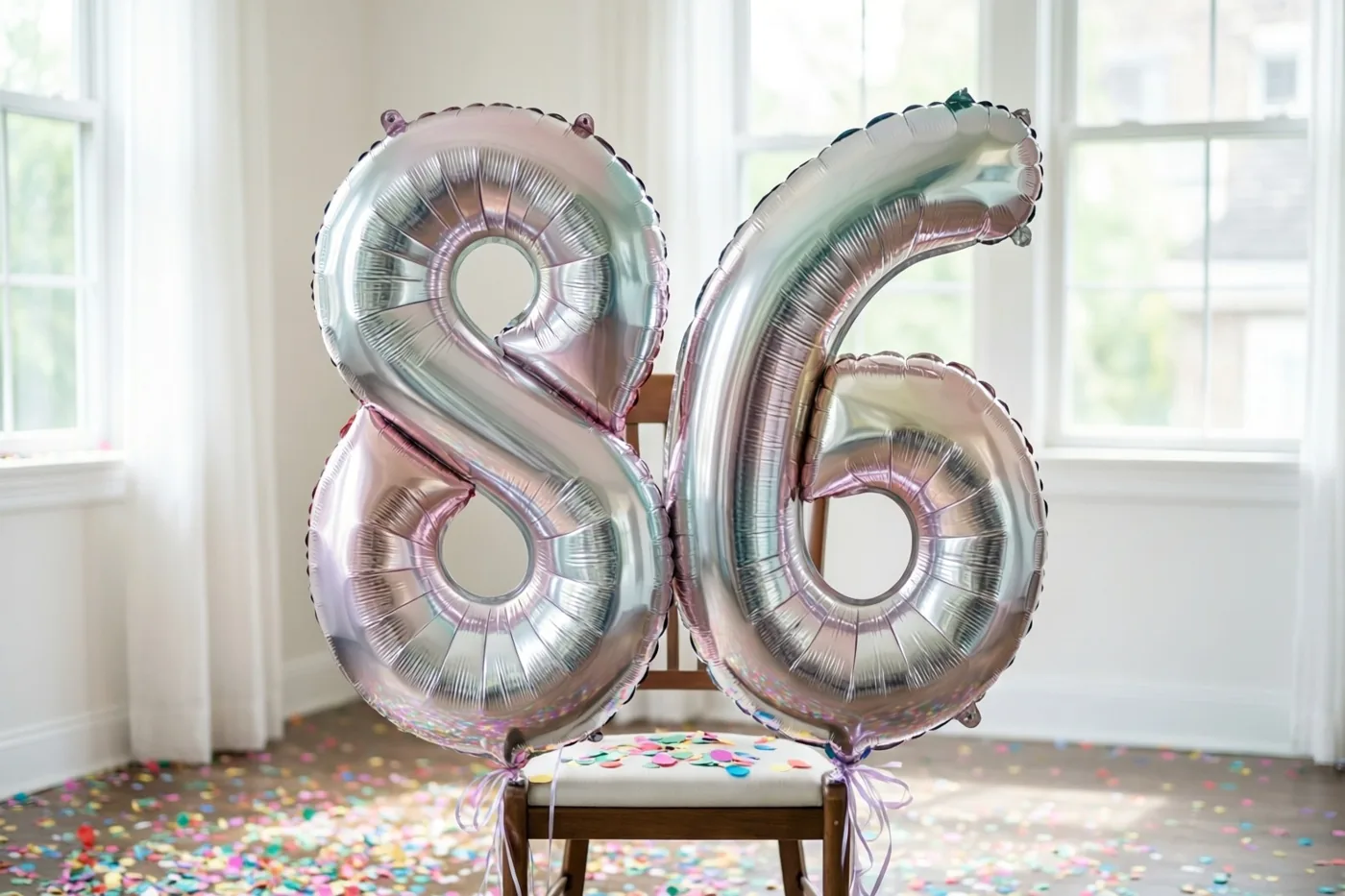 Grote zilveren en pastelkleurige cijferballonnen 86 zijn aan een houten stoel vastgemaakt in een lichte kamer met kleurrijke confetti en ramen op de achtergrond.