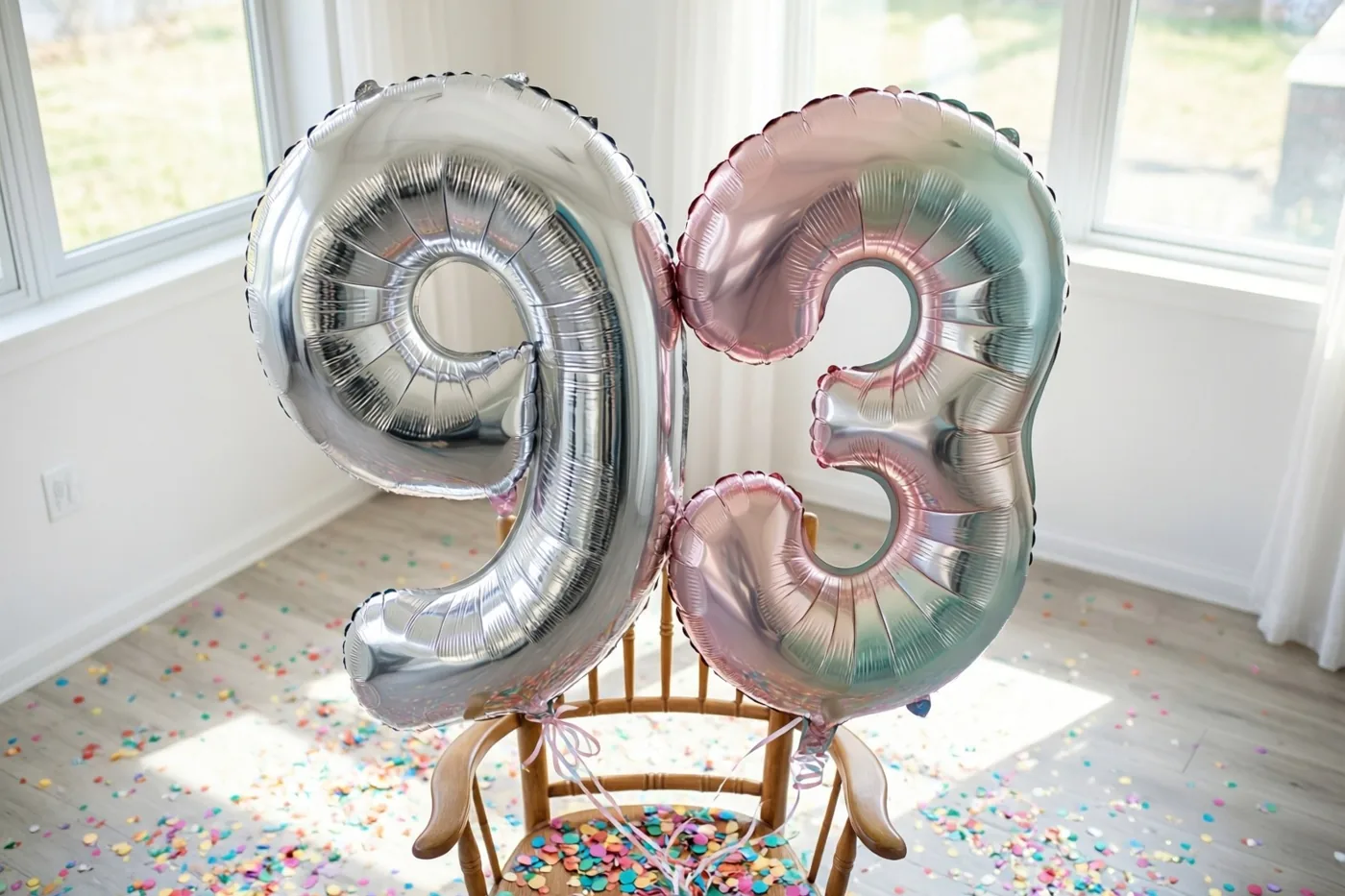 Twee grote folieballonnen in de vorm van een 9 en een 3 zijn aan een houten stoel vastgemaakt in een lichte kamer met confetti op de vloer en daglicht door de ramen.