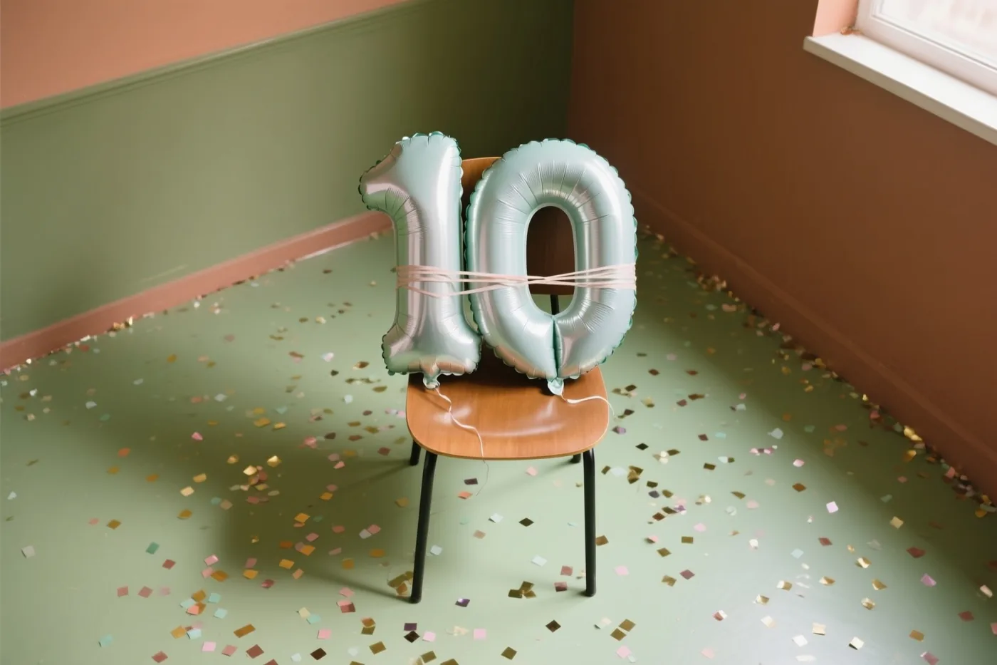 Zilver- en pastelkleurige cijferballonnen die samen 10 vormen zijn vastgebonden aan een houten stoel, met confetti op de vloer en groen- en terracottakleurige muren.