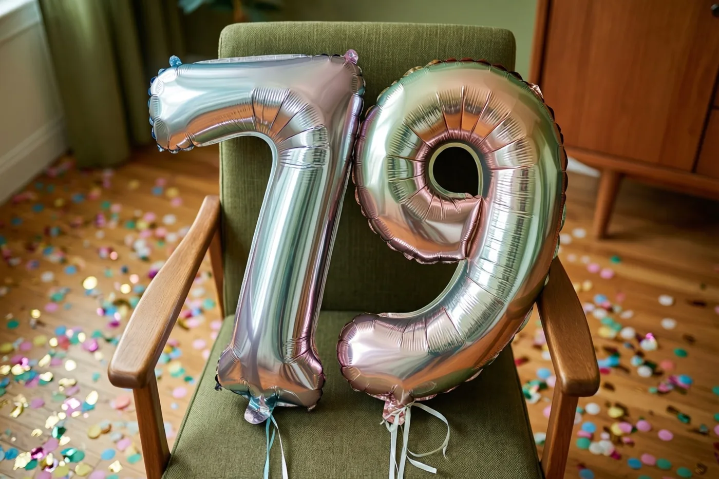 Twee grote metallic ballonnen in de vorm van een 7 en een 9 zijn vastgemaakt aan een groen beklede stoel met houten armleuningen, boven een houten vloer met kleurrijke confetti.