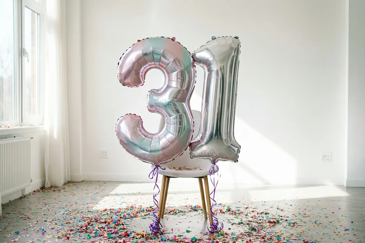 Twee grote folieballonnen in de vorm van 3 en 1 zijn aan een stoel vastgemaakt in een lichte, sober ingerichte kamer met kleurrijke confetti op de vloer en daglicht door het raam.