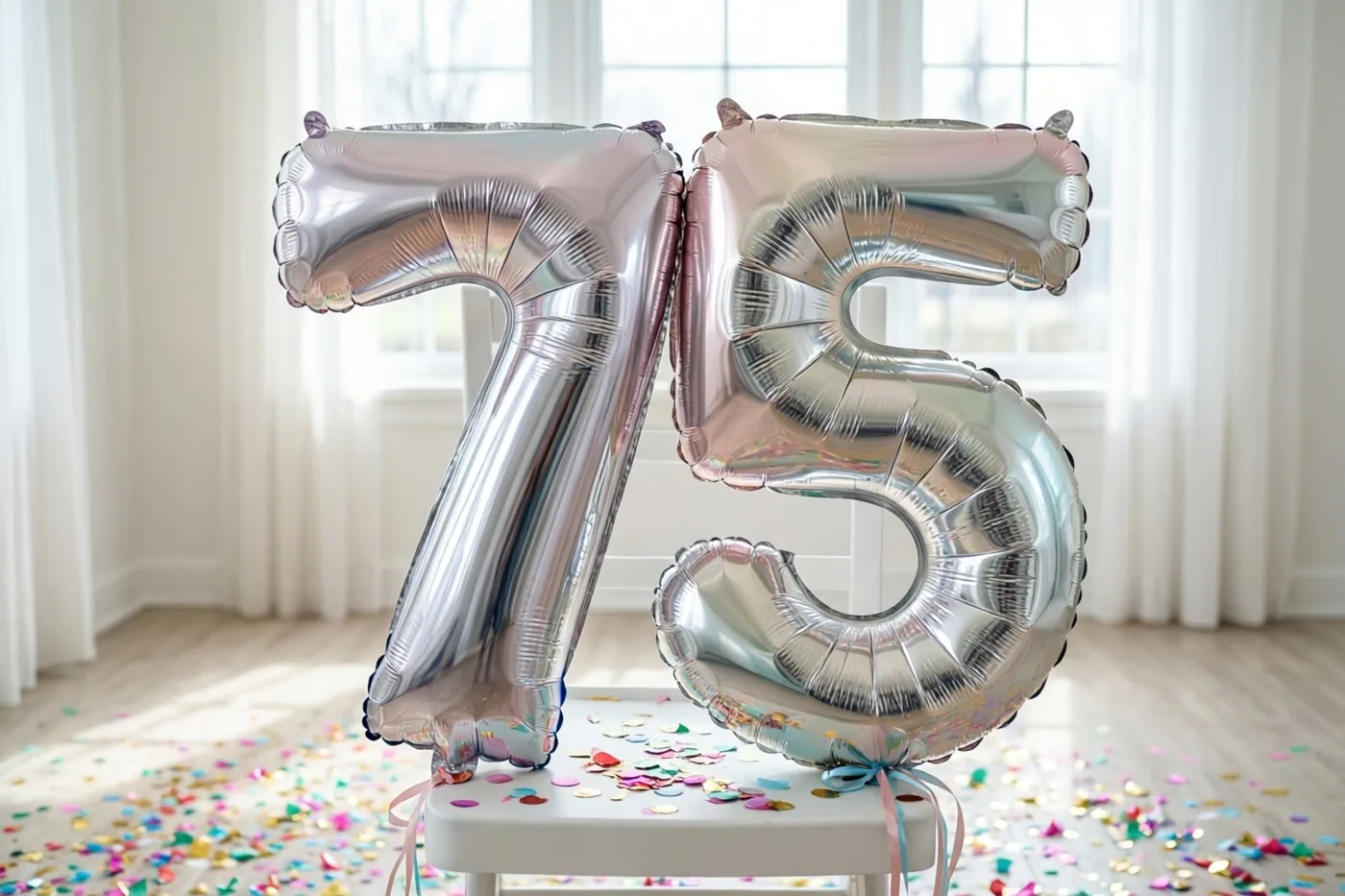 Zilveren en pastelkleurige cijferballonnen vormen 75 aan een witte stoel in een lichte kamer met confetti, witte gordijnen en ramen.