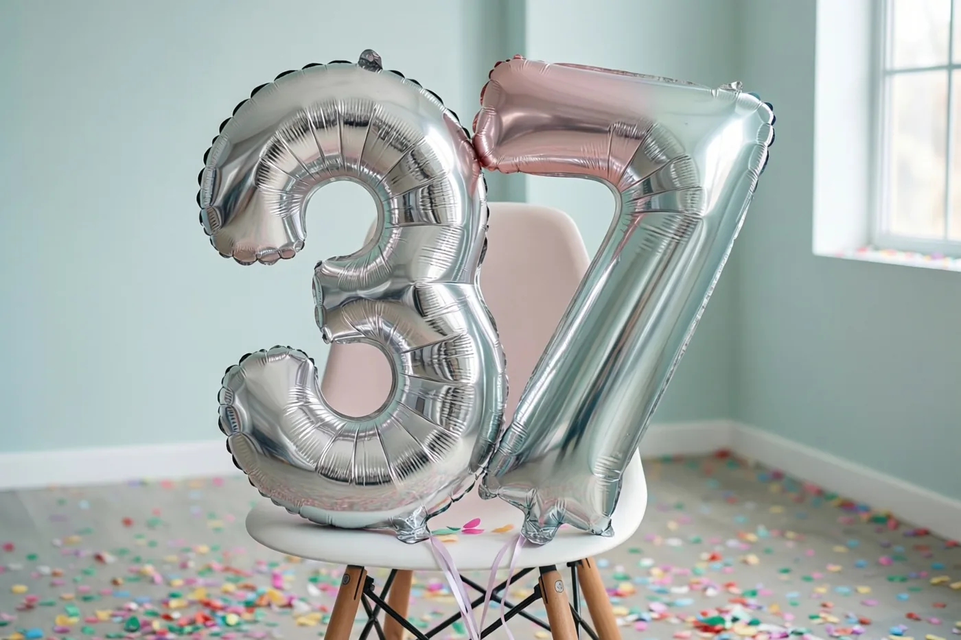 Folieballonnen in de vorm van 3 en 7 zijn aan een witte stoel vastgemaakt in een lichte kamer met lichtblauwe muren en kleurrijke confetti op de vloer.