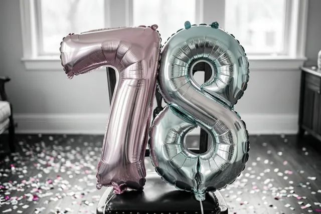 Folieballonnen in de vorm van een 7 en een 8 hangen aan een zwarte stoel in een lichte kamer met confetti op de vloer en zilveren en pastelroze tinten.