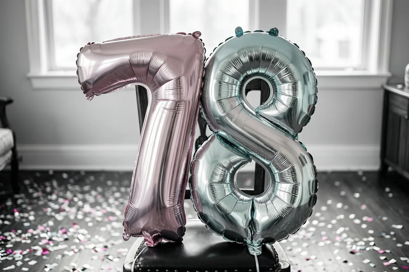 Folieballonnen in de vorm van een 7 en een 8 hangen aan een zwarte stoel in een lichte kamer met confetti op de vloer en zilveren en pastelroze tinten.