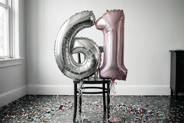 Grote folieballonnen in de vorm van 6 en 1 zijn vastgemaakt aan een zwarte stoel in een lichte kamer met kleurrijke confetti op de vloer.
