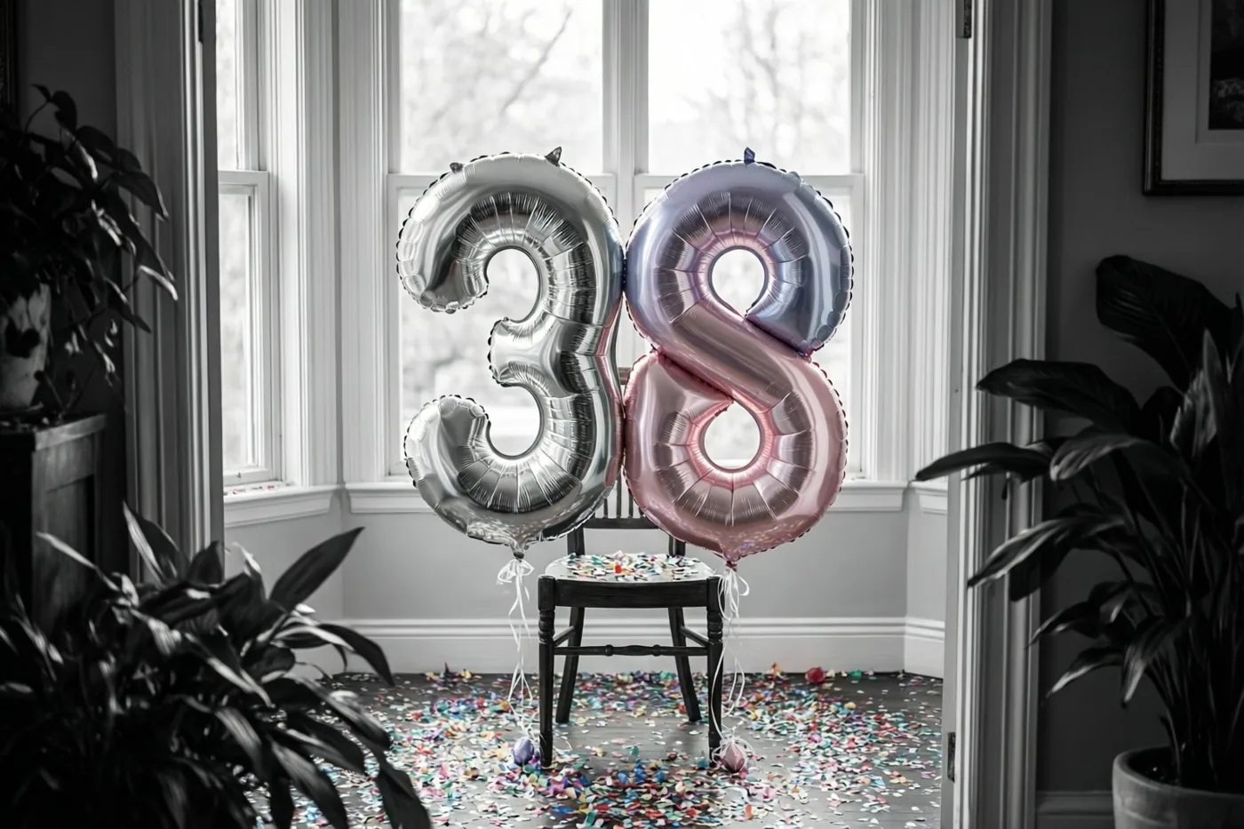 Folieballonnen in de vorm van 3 en 8 zijn aan een stoel vastgemaakt in een lichte kamer met confetti, voor een raam met witte omlijsting en potplanten aan weerszijden.