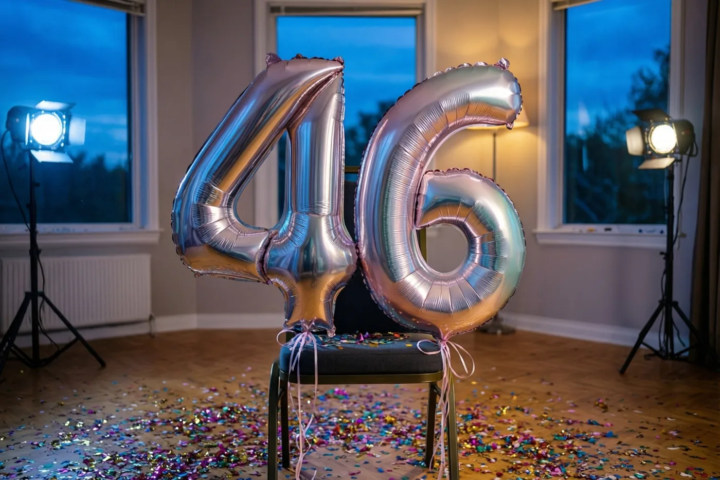 Zilveren en pastelkleurige ballonnen vormen 46 aan een stoel in een kamer met confetti op de houten vloer, studioverlichting en ramen met een schemerlucht.