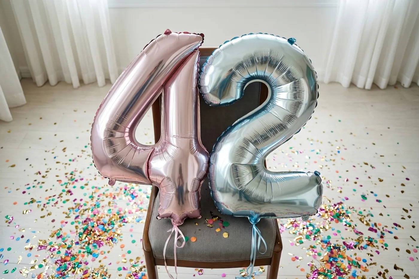 Twee grote folieballonnen vormen 42 aan een stoel in een lichte kamer met kleurrijke confetti en tinten zilver, roségoud en wit.