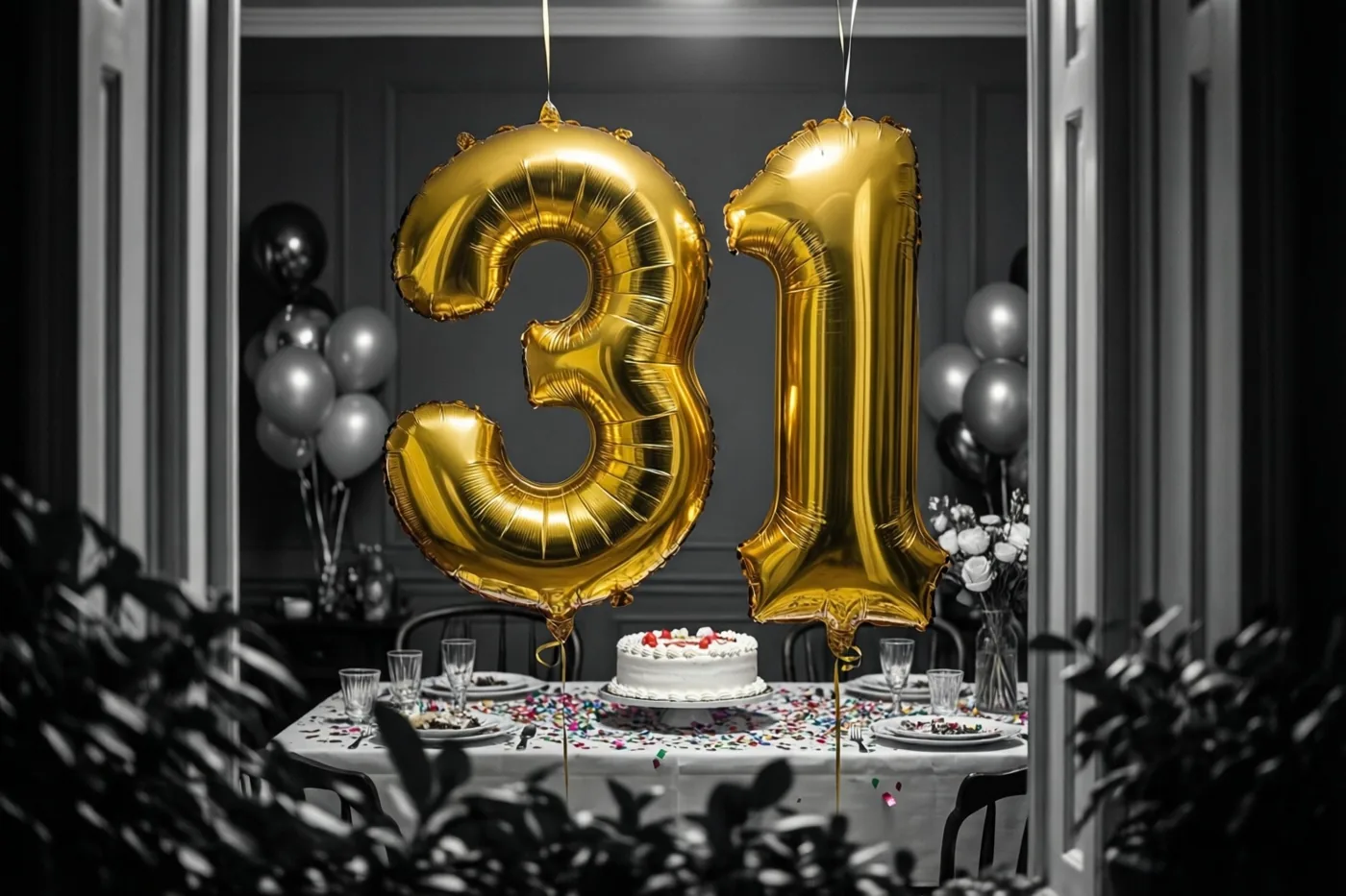 Door een deuropening zijn gouden cijferballonnen 3 en 1 te zien boven een tafel met taart en confetti in een schemerige kamer met zwart-witte inrichting.