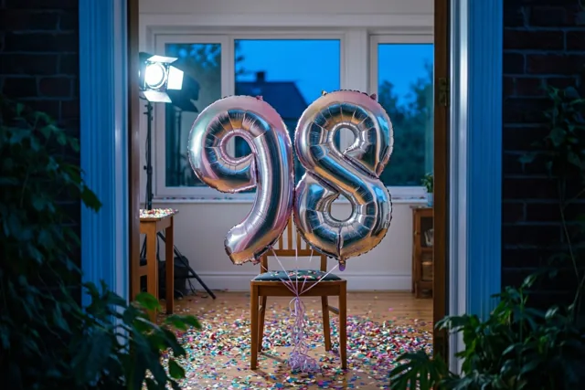 Door een open deuropening zijn zilver- en pastelkleurige cijferballonnen 98 aan een houten stoel te zien, met confetti op de vloer en een helder raam en studiolampen op de achtergrond.