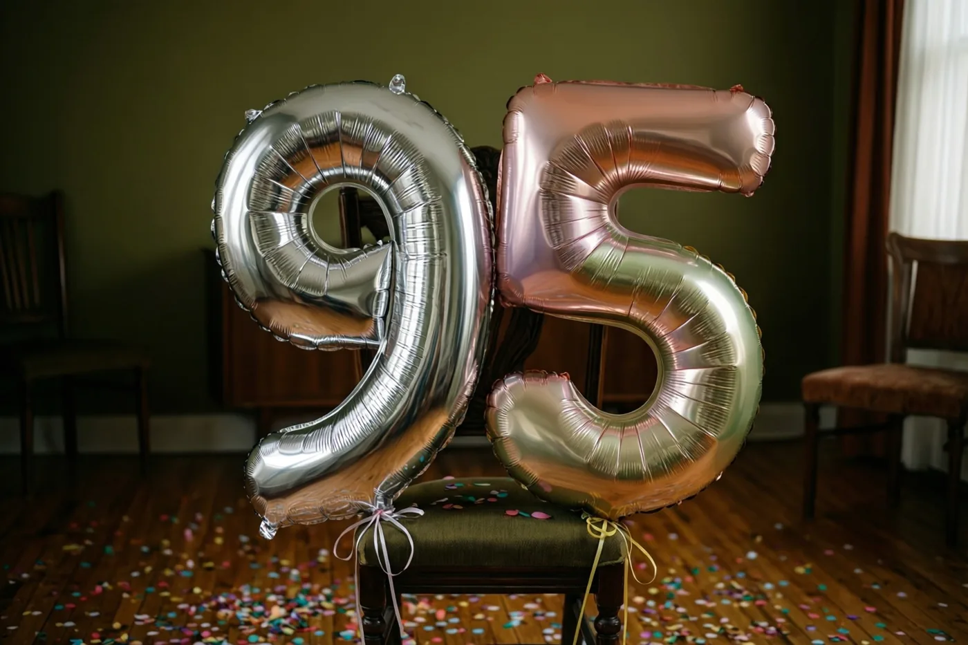 Zilveren en roségouden folieballonnen in de vorm van 9 en 5 zijn vastgemaakt aan een stoel in een kamer met groene muren, een houten vloer en kleurrijke confetti.