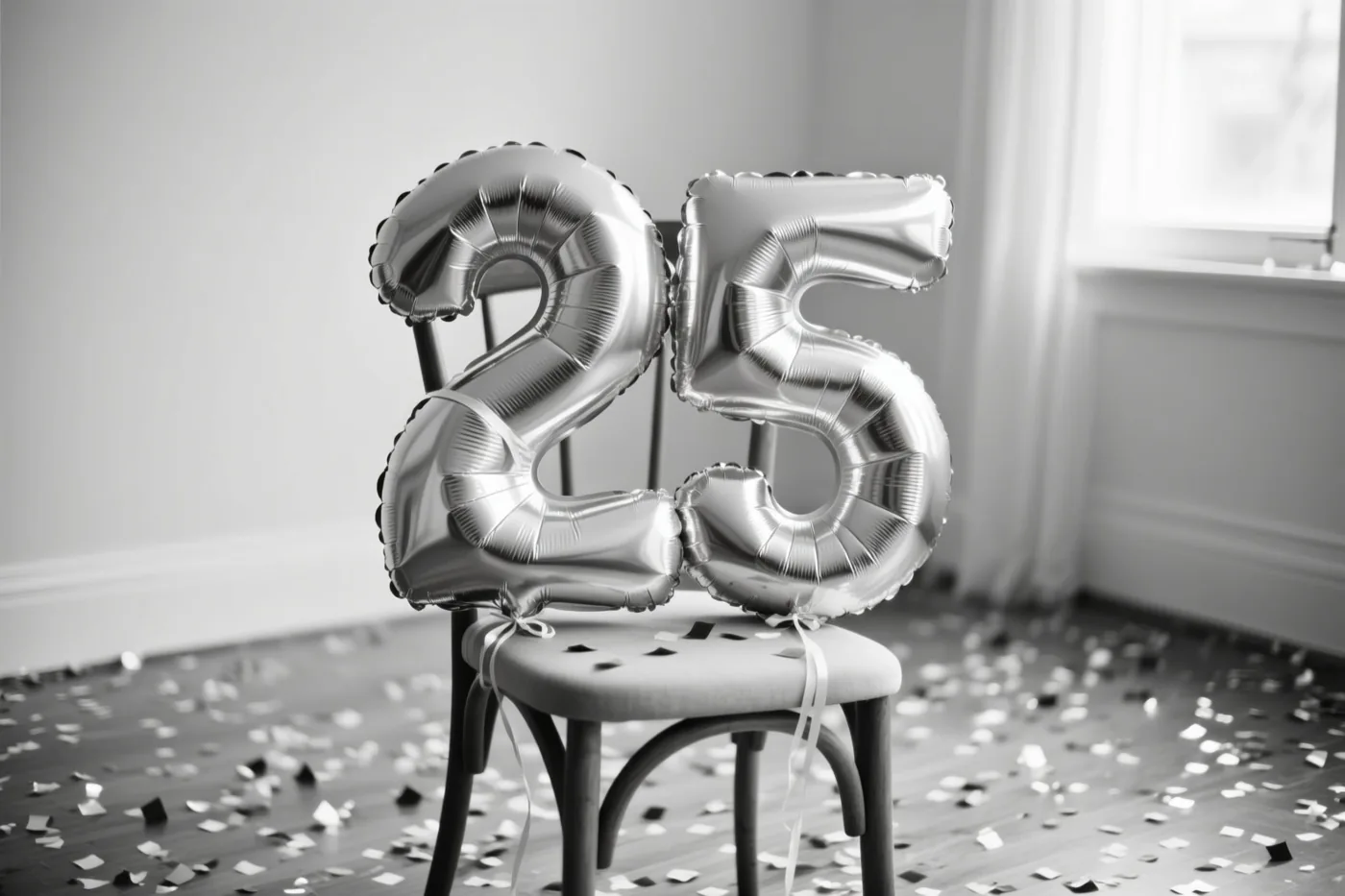 Zilveren cijferballonnen vormen 25 aan een stoel in een lichte kamer met confetti op de vloer, weergegeven in één kleurtoon.