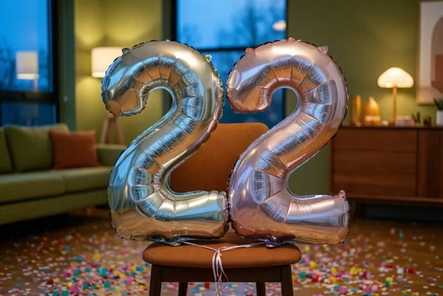 Zilveren en pastelkleurige cijferballonnen vormen 22 aan een stoelleuning in een moderne woonkamer met confetti, lamplicht en grote ramen met een blauwe avondlucht.
