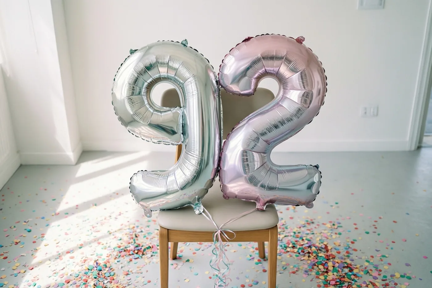 Zilveren en pastelroze folieballonnen vormen 92 aan een stoel in een lichte, sober ingerichte kamer met gekleurde confetti op de vloer.