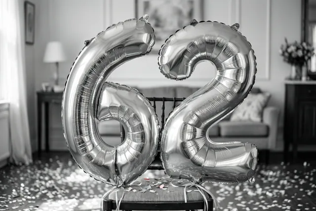 Op een zwart-witfoto zijn zilveren folieballonnen in de vorm van 6 en 2 aan een stoel vastgemaakt, met confetti op de vloer van een lichte kamer.