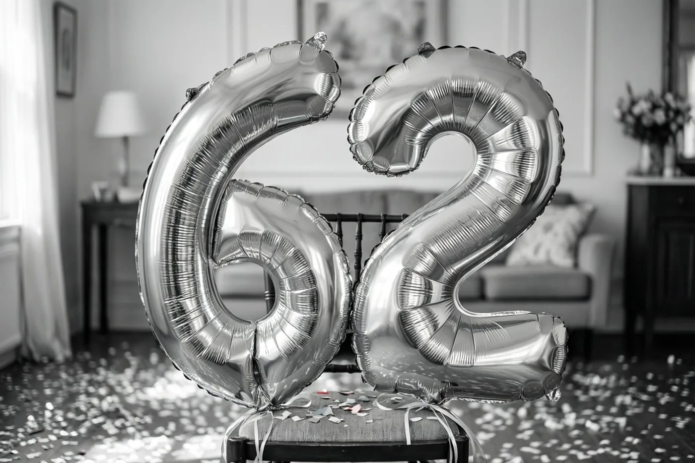Op een zwart-witfoto zijn zilveren folieballonnen in de vorm van 6 en 2 aan een stoel vastgemaakt, met confetti op de vloer van een lichte kamer.