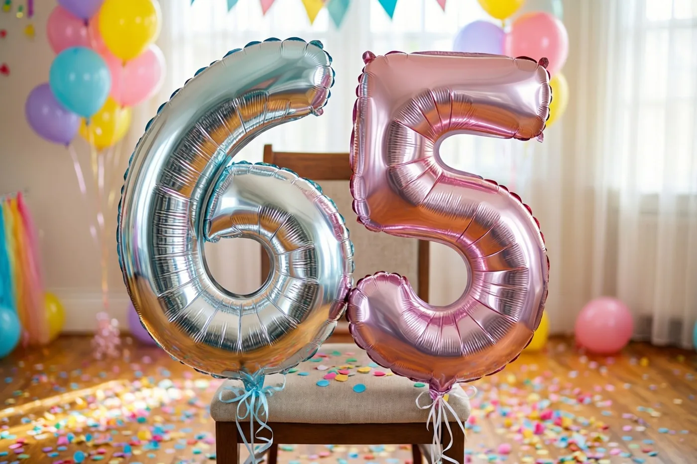 Folieballonnen in de vorm van 6 en 5 zijn aan een stoel vastgemaakt in een lichte kamer, met confetti op de vloer en ballonnen en slingers achteraan.