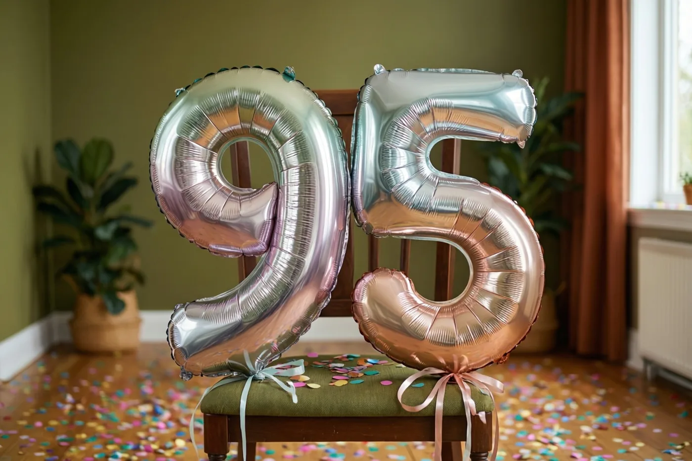 Twee grote metaalglanzende ballonnen in de vorm van 9 en 5 zijn vastgemaakt aan een stoel in een kamer met groene muren, kamerplanten en confetti op de houten vloer.