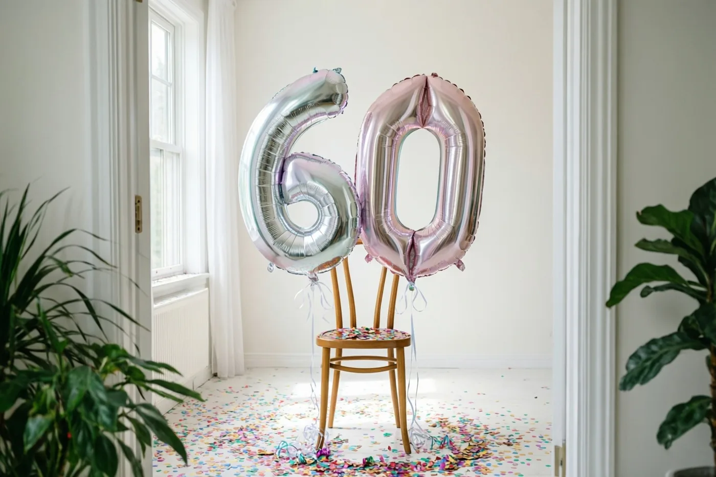 Folieballonnen in de vorm van 60 zijn aan een houten stoel vastgemaakt in een lichte kamer, met confetti op de vloer en planten naast de deuropening.