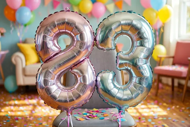 Twee grote metallic ballonnen vormen 83 aan een stoel in een helder verlichte kamer met kleurrijke confetti op de vloer en pastelballonnen op de achtergrond.